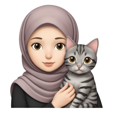 White girl wearing cute hijab holding a black gray tabby cat sticker