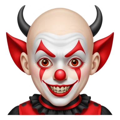 Crea un payaso que tenga toda la parte de la cara pintada de blanco que también de blanco esté la calva que no tenga pelo que tenga unas orejas como de duende, unos dientes picudos, unos cuernos de color negro y un traje de payaso rojo con negro sticker