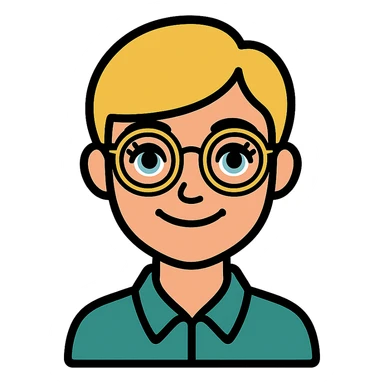 blonde teacher with pixie haircut, gold glasses, blue eyes, big eyelashes, nice smile icon-color-outlined style sticker