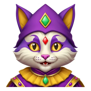 crazy colorful cute little cat jolly joker from poker, medieval, vintage, court jester, mac os icon, purple and yellow color, half body sticker