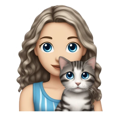 A White girl with long wavy brown hair and blue eyes holds a small gray with black stripes kitten sticker