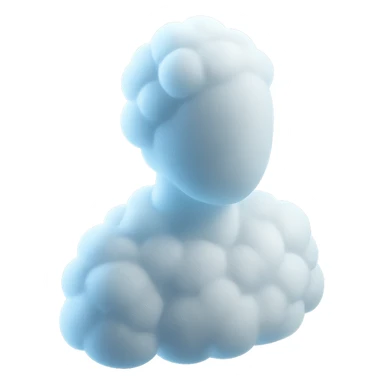 a person from shoulders up, facing straight, entirely made of white fluffy convex clouds, no shadows, matte glass style sticker