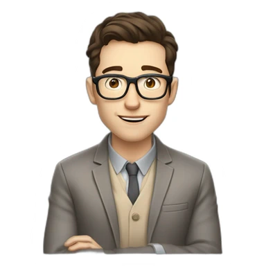 Pale skinned Fit Man With dark brown hair in gray jacket, beige office shirt, Brown pants and vintage glasses sitting In a soft chair with a notebook and a pen Fooling with his tongue sticker