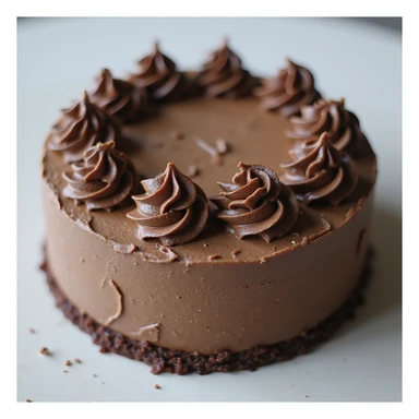 realistic round cake with mocha frosting and chocolate curls, photorealistic style sticker