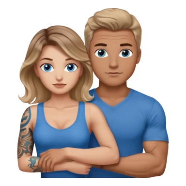Women with blue eyes and brown blond balayage curled hair in the arms of a man with strong arms a straight face, a very sexy man blue eyes and tattoos on his arm  sticker