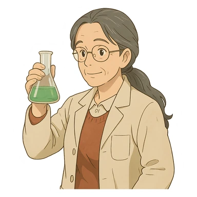woman science teacher with long graying hair, holding a beaker, in ghibli style sticker