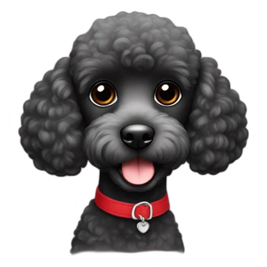 A cute tiny black poodle with black eyes and red collar sticker