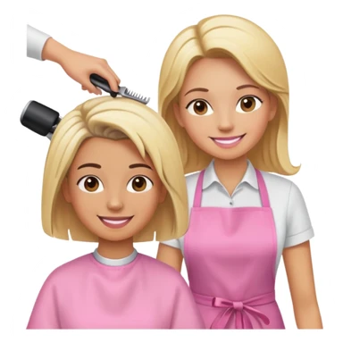 smiling woman in pink apron getting a haircut from a smiling female hairstylist sticker