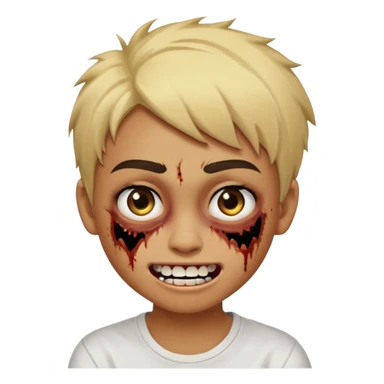 Teenager. Short buzz, messy blonde hair. Dark brown bushy eyebrows large expressive golden-brown eyes, brown skin color, scar over nose, wearing a plain white t-shirt. Crooked grin showing imperfect teeth, one side raised higher than the other, zombie-like smile . brown skin color.  sticker