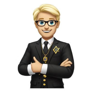Modern Blond and wearing glasses, EnglishFREEMASON wearing black lounge suit jacket and Masonic Jewel and Apron. Show him giving a thumbs up sticker