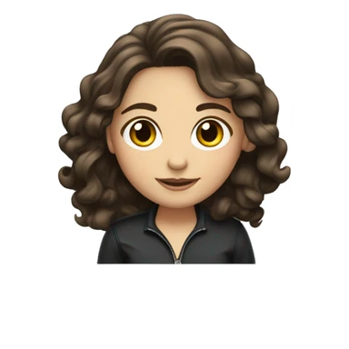 white girl with wavy dark brown hair below shoulder length on a laptop with sticker sticker