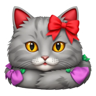 A fluffy grey cat is lying down with a red bow on its neck. sticker