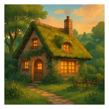 cozy cottage in a lush landscape with warm lighting in ghibli style sticker