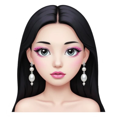 asian long black hair silver grey eyes glossy lips glittery white and pink eyeshadow girl pearl earrings sticker