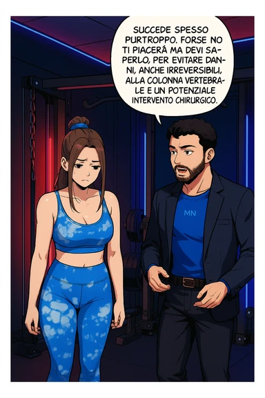 fai questa immagine in versione fumetto/manga/webtoon a colori, il manga mostra l'uomo che risponde alla donne:
Succede spesso purtroppo. 
Forse non ti piacerà ma devi saperlo, per evitare danni, anche irreversibili, alla colonna vertebrale e un potenziale intervento chirurgico. sticker