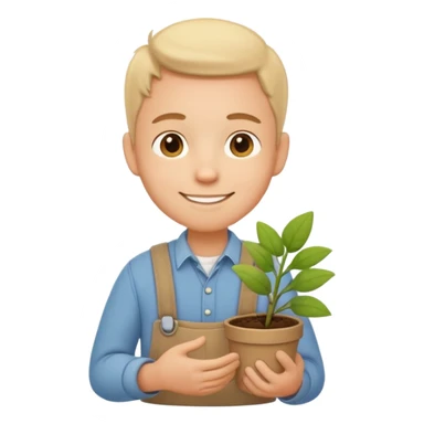 A calm, friendly male cartoon character with light skin, simple farm clothes, warm smile, holding a small plant or flower, stylized as a cute, readable emoji icon with soft earthy color sticker