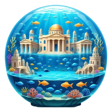 Atlantis underwater city with domed buildings, ancient Greek architecture, glowing blue energy crystal, surrounded by fish sticker