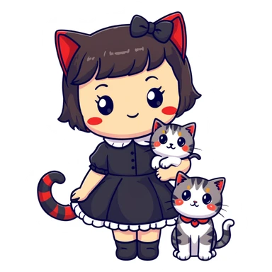girl with black Lolita dress and black hair with red tips next to an American Shorthair tabby cat sticker