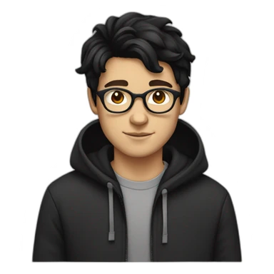 White boy wearing glasses in a black hoodies with wavey black hair with brown eye sticker