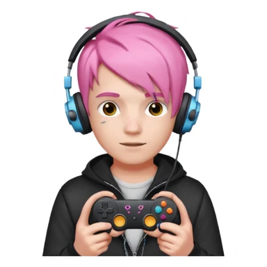pink haired boy with headphones holding game controller sticker