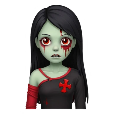 Garota zumbi com cabelo todo preto liso longo e mechas vermelhas na lateral da cabeça dos dois lados, usando uma blusa com um lado da manga caida preta  sticker