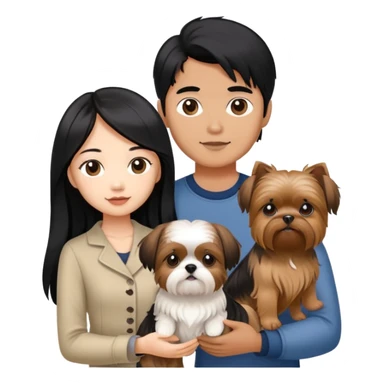 A beautiful Asian girl with long black hair is holding a Yorkshire Terrier. She is standing next to her brown skinned boyfriend, who is holding a Shih Tzu. They are each holding one dog each sticker