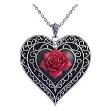 gothic heart with black velvet texture, silver chain, deep red gemstone, ornate and dramatic design, black rose accent, silver filigree details sticker