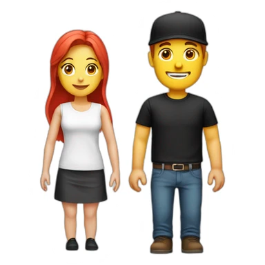 couple blond man with black cap and white shirt, woman with red hair shirt with neckline sticker