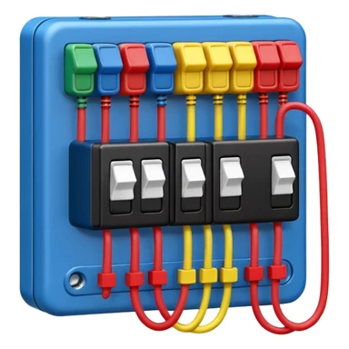 fuse box emoji with colored wires and switches, representing electrical installation, clear and simple style sticker