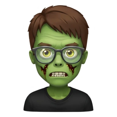 Green zombie, brown hair, black glasses, black shirt. iOS style. sticker
