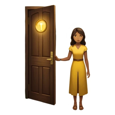 woman standing in front of a long road, looking forward with confidence—behind her, multiple closed doors symbolizing rejection, but one door ahead is glowing, representing the path forward. In her hand, she holds a small bright light, symbolizing her knowing—her guide. sticker