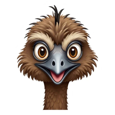 Cinematic Comical Emu Portrait Emoji, Head tilted dramatically with an exaggeratedly amused expression, featuring a striking, textured brown plumage with a comically small head and wide, expressive eyes full of playful disbelief, Simplified yet hilariously expressive features, highly detailed, glowing with a slightly sassy glow, high shine, dramatic yet playful, stylized with an air of cheeky outback mischief, bright and endearing, soft glowing outline, capturing the essence of a spirited and over‐the‐top emu, so meme‐worthy it feels like it could squawk its way into internet fame instantly! sticker