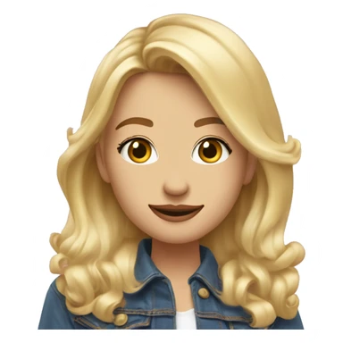 fille blonde, cheveux raides, yeux bleus, sourcils blonds, tête inclinée, lèvres roses, sourire, veste en jean sticker