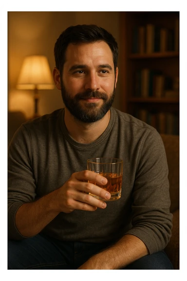 A man with a beard holding a glass of whiskey sticker