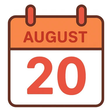A simple calendar page showing August 20th, with the date clearly visible in red color, no background, clean and minimal style. sticker