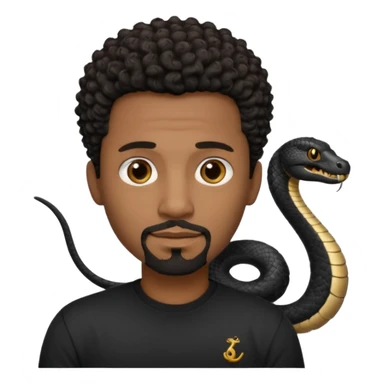 Homme noir de peau,  yeux marron avec un bouc sans la moustache, cheveux noir court et bouclé crépus avec un dégradé sur le côté, avec un cobra à côté , t-shirt noir  sticker