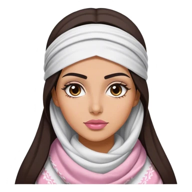 A woman with long, dark hair wears a traditional white keffiyeh, her makeup is well done, with defined eyebrows and soft pink lips  sticker