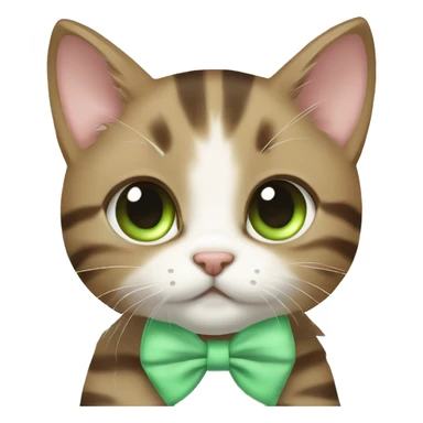 kawaii brown tabby kitten with green eyes and pastel green bow sticker