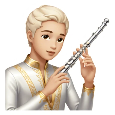Cinematic Realistic Flute, polished silver metal with precise keywork, warm golden reflections dancing along its surface, soft hands carefully positioned over the keys, glowing with an elegant and airy charm. sticker