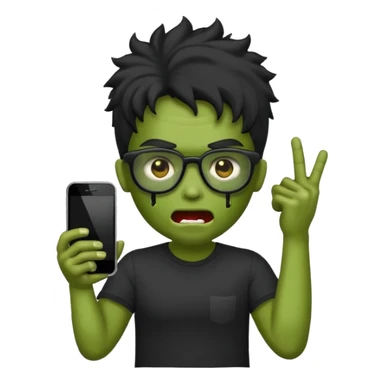 Crie um zumbi estilo emoji do iPhone com cabelo ondulado grande preto com camiseta preta e óculos de grau preto sticker