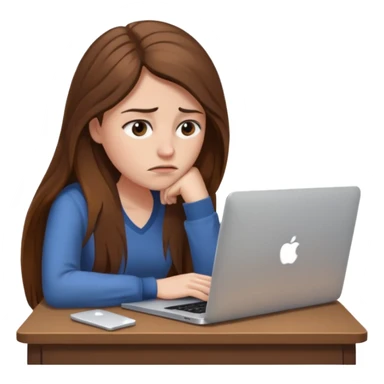 create a woman long hair brown, sitting with her macbook looking tired. looking at her computer, exausted  sticker