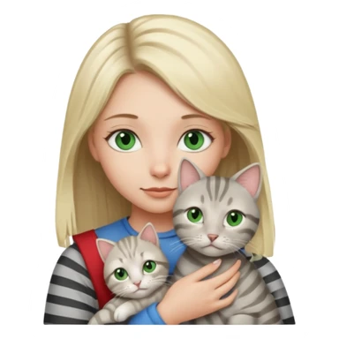 Blonde girl with blue eyes cuddling with light grey tabby cat with dark grey stripes and green eyes sticker