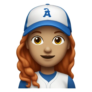 front facing standing female coach with long red hair, wearing a white t-shirt and a simple baseball blue hat sticker