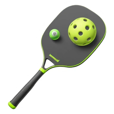 Modern Pickleball paddle graphite without holes, dark grey. 1 Pickleball ball beside or on top the paddle florescent green at 45 degrees sticker