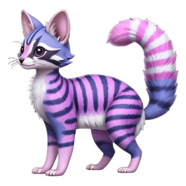 Beautiful fluffy thick puffy hyper-realistic lifelike furry Indigo, purple, violet, pink, Civet-Genet-Possum-Serval-Caracal-Sergal-Trico-Numbat-Furret-fusion-Fakemon-hybrid-creature (full body) with long tufted ears and a striped tufted tail  sticker