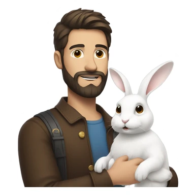 Brunette guy with a beard holds a white rabbit  sticker