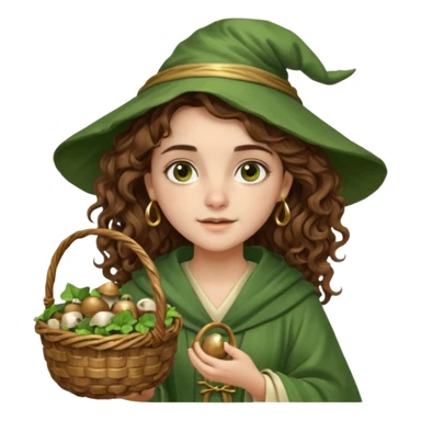 very beautiful italian girl, looking like Emma Watson, with curly and big volume very bright brown hair, and a golden piercing ring in nose on left side, dressed in a beautiful wizard robe of green colors, with basket of mushrooms sticker