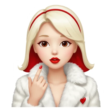 A beautiful, cute girl with red lipstick on her lips in a white fur coat,  in full view, blowing a kiss. sticker