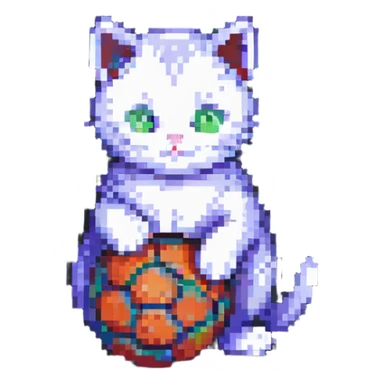 a small cat with a colorful ball, pixel art style sticker