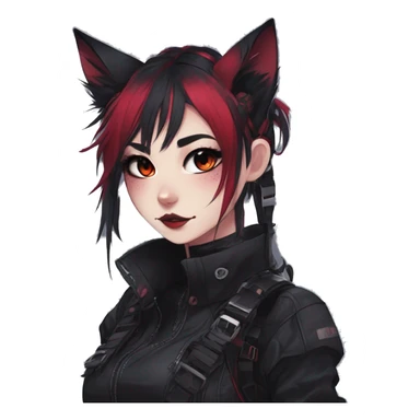 Gorgeous gothic dark techwear anime style anthro cat furry sona with blushing face aesthetic and pretty edgy black red punk messy ponytail hair with collar and harness trending style sticker